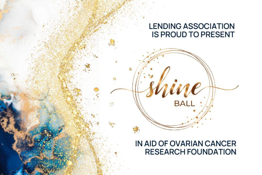 Image with abstract blue, white, and gold design features text: "Lending Association, is proud to present Shine Ball in aid of Ovarian Cancer Research Foundation.